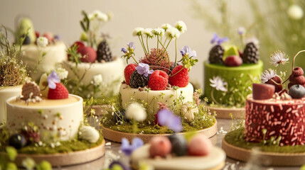 Obraz na płótnie Canvas Elegant desserts of very high quality, decorated with flowers, unusual presentation, and works of culinary art, for weddings and children's parties.