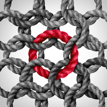 Central link concept and networking or key network connection as a business metaphor with a group of circle ropes connected to one red rope loop as a symbol for connectivity and linking to a centraliz