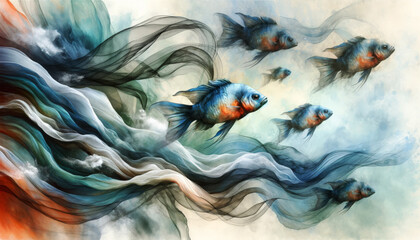 Flowing Drapery and Fish Harmony.
Abstract fish floating among fluid drapery forms. - obrazy, fototapety, plakaty