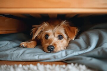 A loyal terrier puppy cozily snuggles up on an indoor bed, bringing warmth and joy as a loving companion to its human