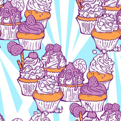 Tasty sweet cupcake dessert decorative seamless pattern for textile design, fabric print, digital or wrapping paper, wallpaper, background and backdrop, bakery shop decoration, cafe, restaurant menu.