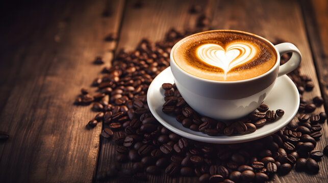 Cup of coffee latte with heart shape and coffee beans on wooden table