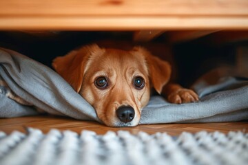 A fluffy brown puppy of a particular dog breed peacefully lays indoors on a soft blanket, enjoying the comfort of being a beloved pet