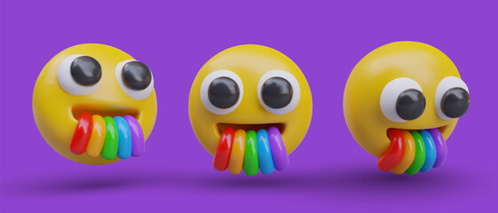 Obraz premium Set of emoji with big eyes and mouth with rainbow in different positions. Funny emoticon yawning with rainbow. Vector illustration in 3d style with purple background