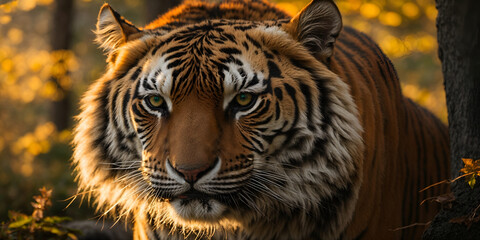 Emerald fire in the Siberian dusk: A tiger's piercing gaze ignites awe in this capture. Golden sunlight paints its regal form, commanding respect and admiration.