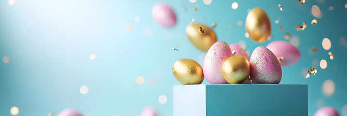 Easter eggs of gold and pink color flying out of a gift box on a blue background, minimal creative Easter layout for congratulations. Banner with copy space. - obrazy, fototapety, plakaty