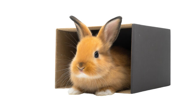 Cute brown rabbit peeking out of a box, isolated on transparent background