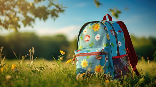 colorful children's school bag outdoors on the field, filled with vibrant school supplies.