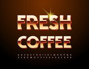 Fototapeta na wymiar Vector luxury flyer Fresh Coffee. Premium Gold Font. Elite Alphabet Letters and Numbers set.