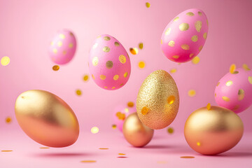 Fototapeta na wymiar Easter eggs of gold and pink color flying and levitating on a pink background, minimal creative Easter layout for congratulations.