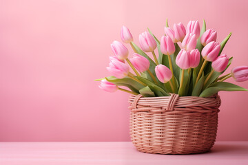 A basket of pink tulip flowers on a pink background with empty space for text. Spring banner.