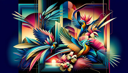 Abstract Tropical Birds Composition.
Geometric abstraction of tropical birds in vivid colors.