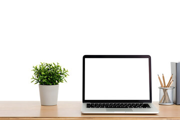 Fototapeta premium Desk with laptop isolated workspace mockup