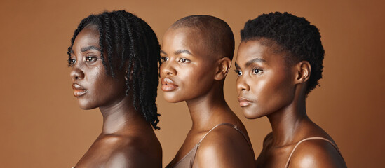 Skincare, beauty and young black women in studio with glowing, natural and facial routine....