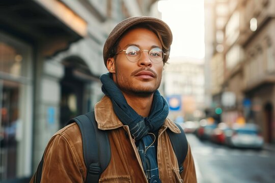 A stylish man wearing glasses and a hat stands confidently in the busy city street, his fashion accessories complementing his sleek jacket as he blends seamlessly into the urban landscape
