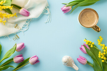 Embrace positivity with Hello Sunshine setup. Overhead shot featuring chic scarf, frothy latte, ceramic bird, mimosa, and tulips against a pastel blue background
