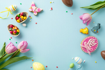 Festive baking setup with Easter vibes. Top view of table adorned with playful gingerbreads, cookie cutter, chocolate eggs, candies, sugar sprinkles, tulips on soft blue backdrop. Ad space available