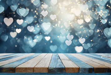 Empty old wooden table background with valentine's day theme in background in blue colors.