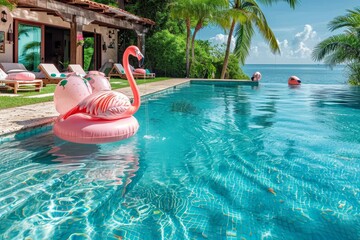 A vibrant oasis of fun and relaxation, a pool surrounded by lush trees and playful pink flamingos, with floating toys adding to the joy of a resort town vacation in this aqua paradise