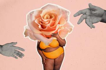 Horizontal contemporary collage caricature of headless curvy woman rose instead of head self...