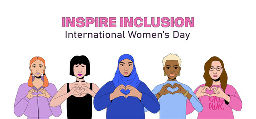Women show heart hands gesture vector illustration. International women's day banner. Inspire inclusion iwd 2024 sign and theme. Various girl characters.  