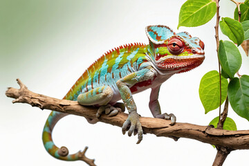 Chameleon is climbing a tree on a white background