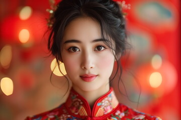 Close up portrait asian chinese woman in traditional cheongsam qipao dress on blurred red lantern background. Chinese new year. Generated AI.