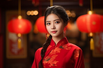 Close up portrait asian chinese woman in traditional cheongsam qipao dress on blurred red lantern background. Chinese new year. Generated AI.