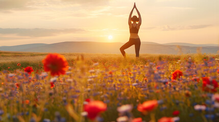 A girl doing yoga at the sunset in a flower field