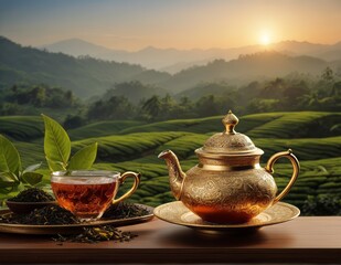 Royal Cup of green tea with green tea farming background
