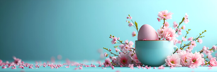 Easter egg and spring flowers in a cup of tea on a blue background, creative Easter holiday concept, minimalism for postcard design. Banner with copy space. - obrazy, fototapety, plakaty
