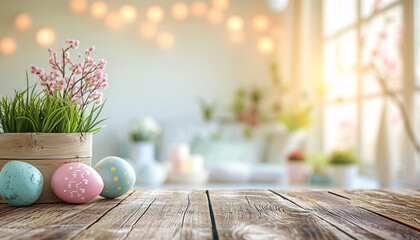 Holztisch mit Osterdeko f&uuml;r Produktplatzierung oder Montage mit Fokus auf die Tischplatte, unscharfer Bokeh-Hintergrund in der Wohnung