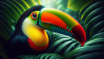 Vibrant Toucan Amidst Lush Foliage.
A colourful toucan perched in dense greenery.