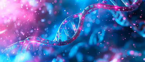 Futuristic DNA strand with digital enhancement, biotech.
 - obrazy, fototapety, plakaty