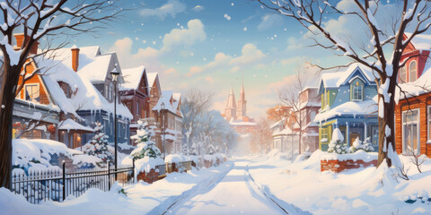 Snowy street of a small town with cozy houses.