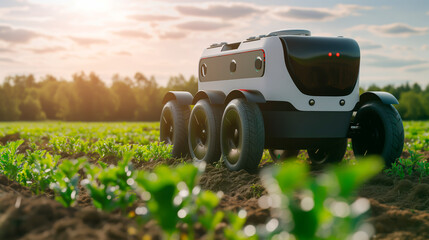 Agricultural robot in field, smart farming concept. - obrazy, fototapety, plakaty