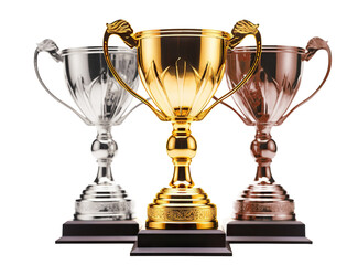 Three shiny trophies (golden, silver and bronze), cut out - obrazy, fototapety, plakaty