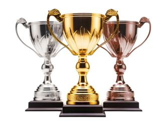 Three shiny trophies (golden, silver and bronze), cut out