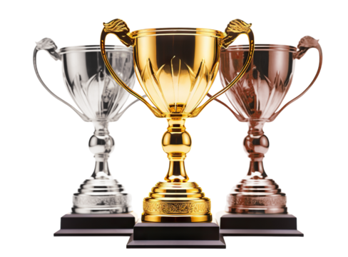 Three shiny trophies (golden, silver and bronze), cut out