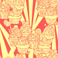 Tasty sweet cupcake dessert decorative seamless pattern for textile design, fabric print, digital or wrapping paper, wallpaper, background and backdrop, bakery shop decoration, cafe, restaurant menu.