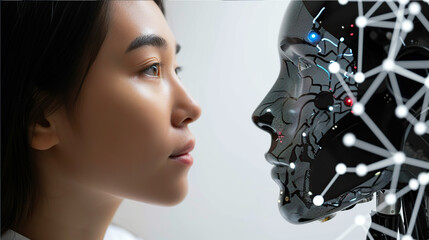dialogue between a person and a robot with a human face and a neural network instead of a brain