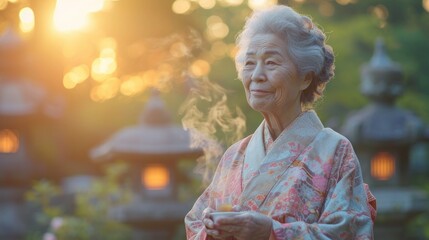 Fototapeta premium Elegance of Early Hours: Elder Asian woman enjoying a hot drink