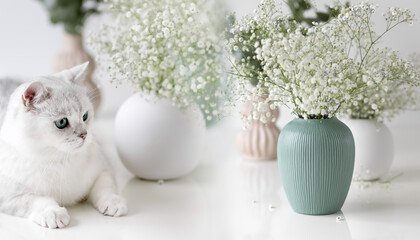 A white British cat lies near bouquets of Gypsophila flowers. Banner. Photo
