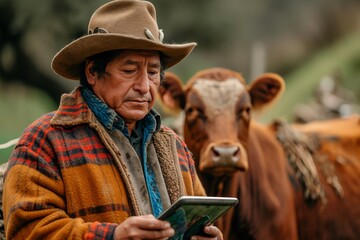 A rugged rancher rests in the grass, his trusty cowboy hat shielding him from the sun as he checks on his cattle using his tablet