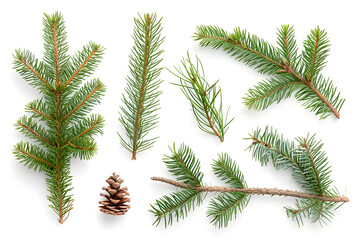 Collection of pine branches isolated on white background