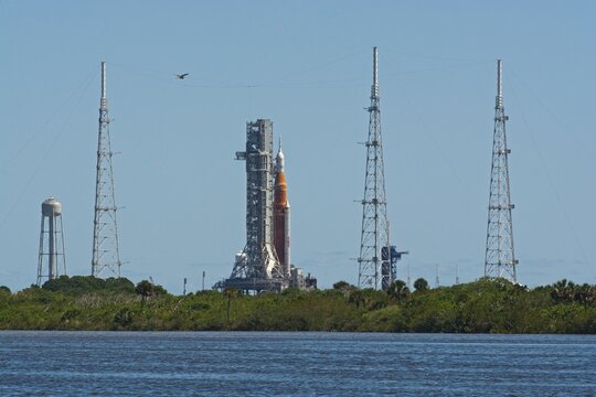 Artemis 1 rocket capped with Orion crew capsule on launch pad at NASA&rsquo;s Kennedy Space Center