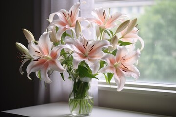  a vase filled with pink and white lilies on a window sill next to a window sill with a white curtain and a window behind it is a white curtain.