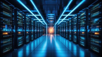 Obraz premium Modern Data Technology Server Racks in big room, IT engineer working on data rack, copy space for text