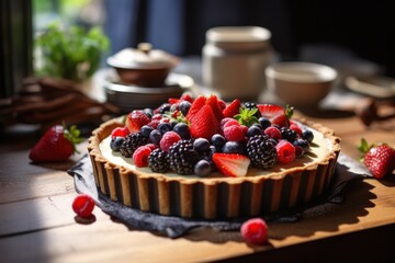  a pie with berries, raspberries, and blueberries on top of it on a wooden table next to a cup of teapots and saucer.