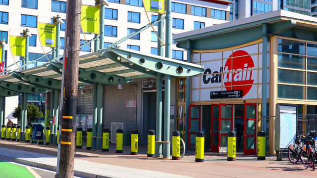 San Francisco, California &ndash; October 23, 2023: San Francisco Caltrain train Station. Caltrain is a California commuter rail line serving the San Francisco Peninsula and Santa Clara Valley